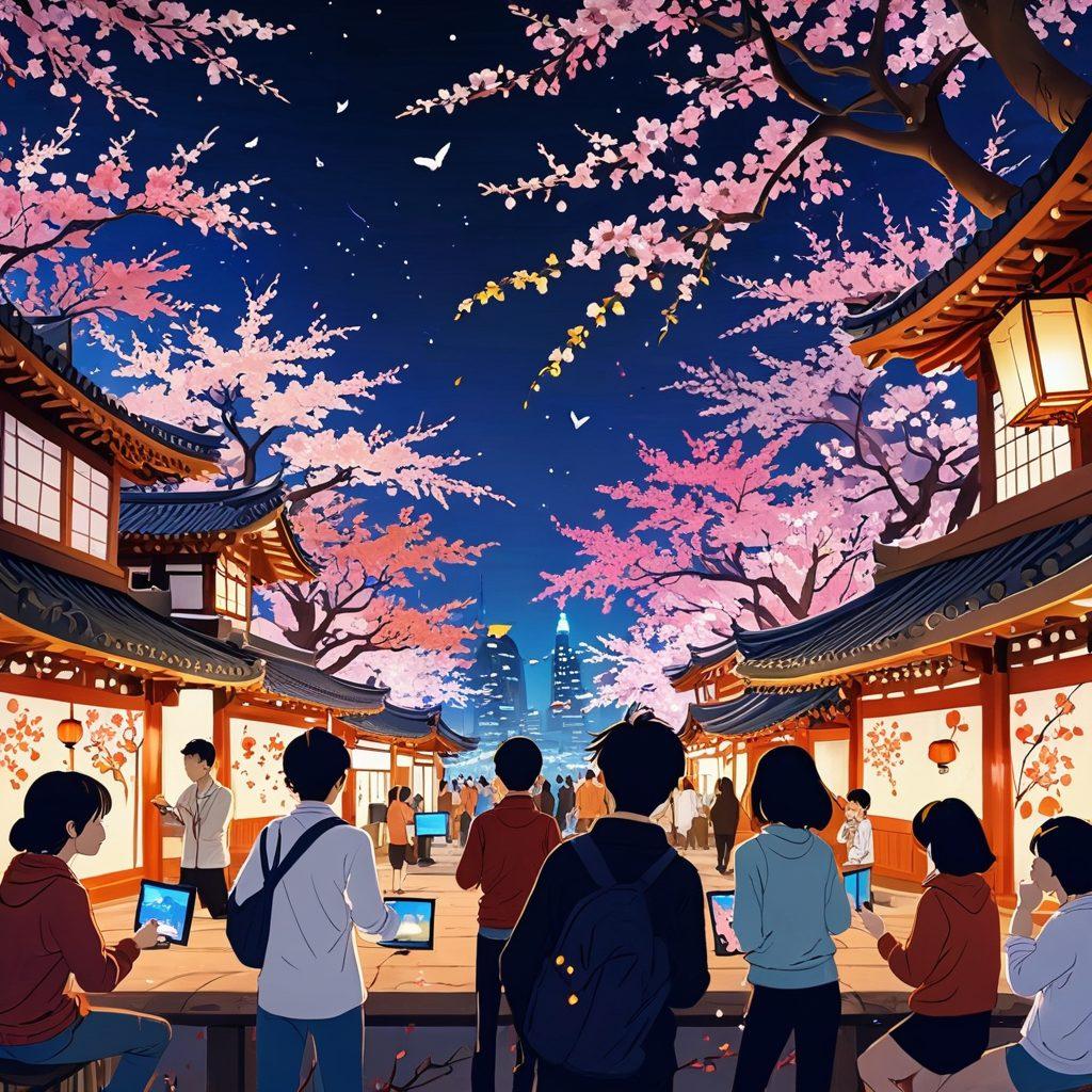 A dynamic scene capturing a vibrant online streaming platform showcasing colorful anime characters in engaging poses, with a diverse group of viewers animatedly watching on screens. The backdrop features elements inspired by Asian culture, such as cherry blossoms and lanterns, blending technology and tradition. Rich colors should emphasize the excitement of live streaming and adult content. cartoon style. vibrant colors. digital art.